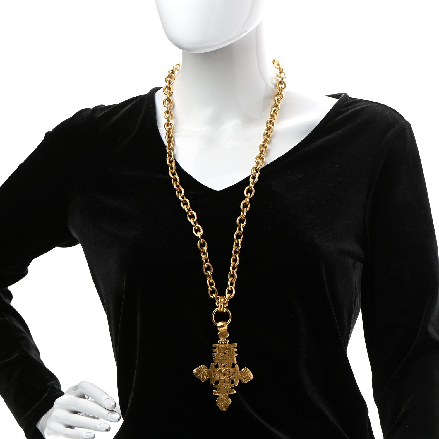 Chanel Long CC Cross Pendant Necklace Gold 2 of 6