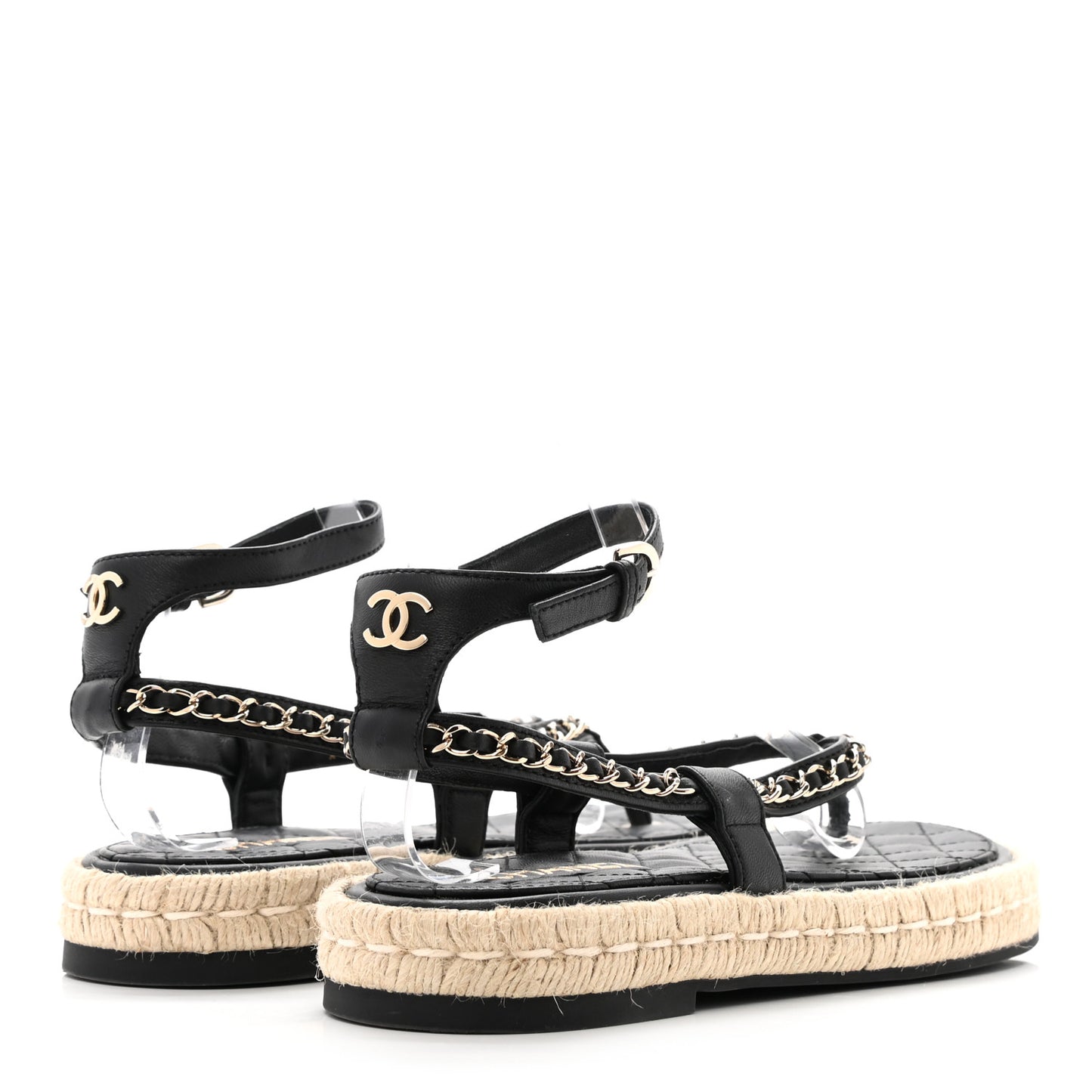 Lambskin Chain CC Thong Espadrille Sandals 39 Black