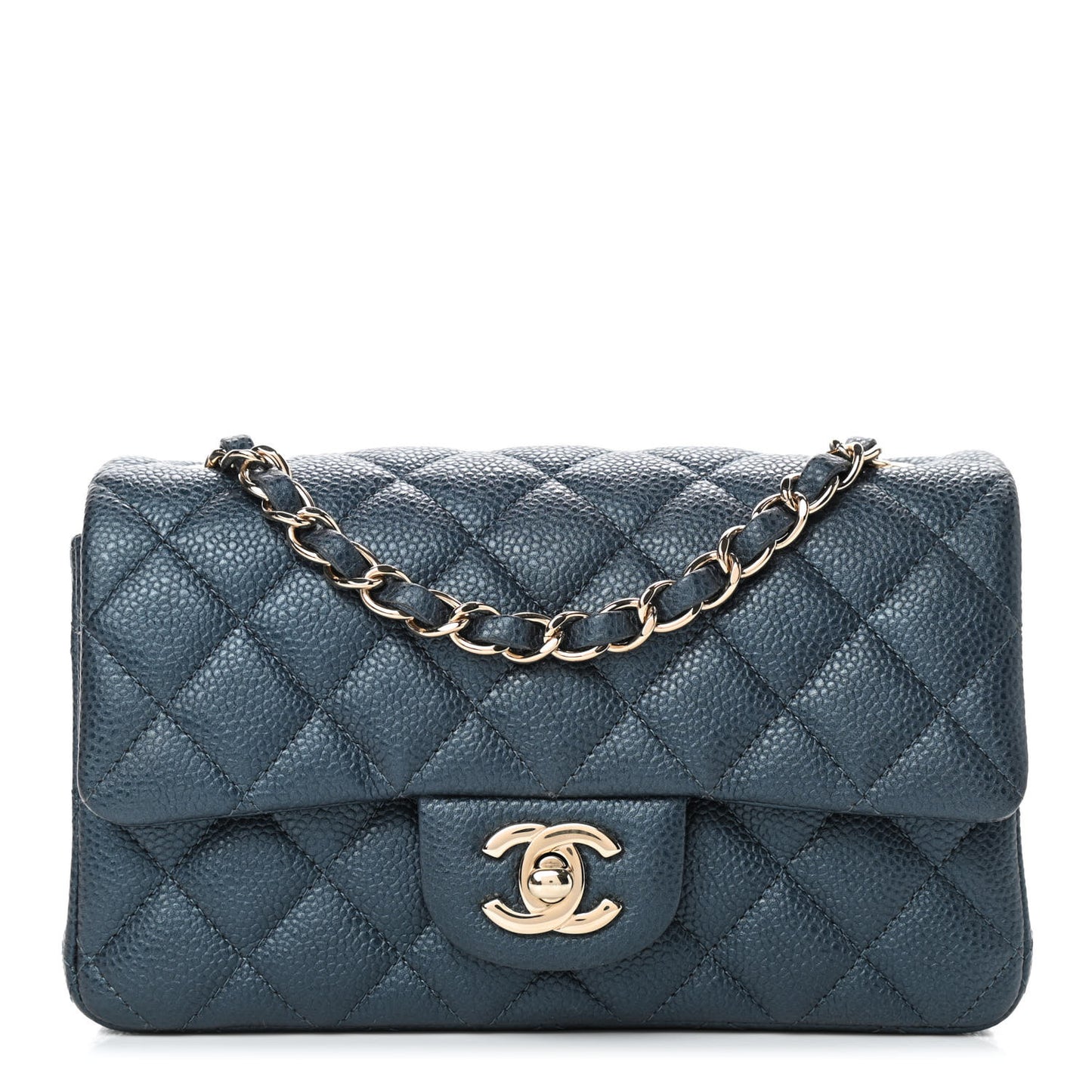 Iridescent Caviar Quilted Mini Rectangular Flap Dark Blue