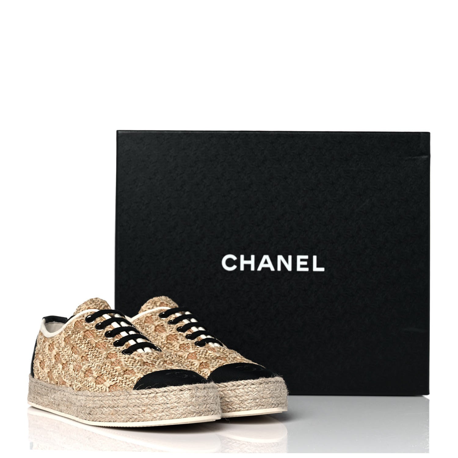 Chanel Raffia Grosgrain Lace Up Espadrilles 36 Beige Black 9 of 9