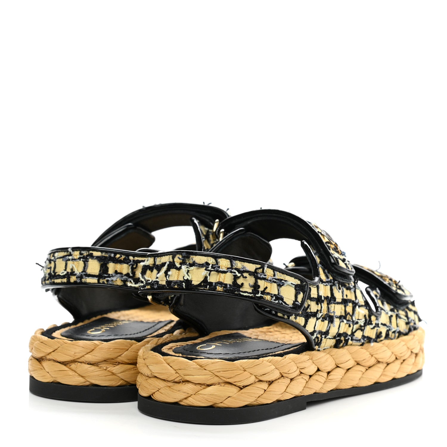 Chanel Tweed Patent Calfskin Velcro Dad Sandals 35 Yellow Black Gray 4 of 9