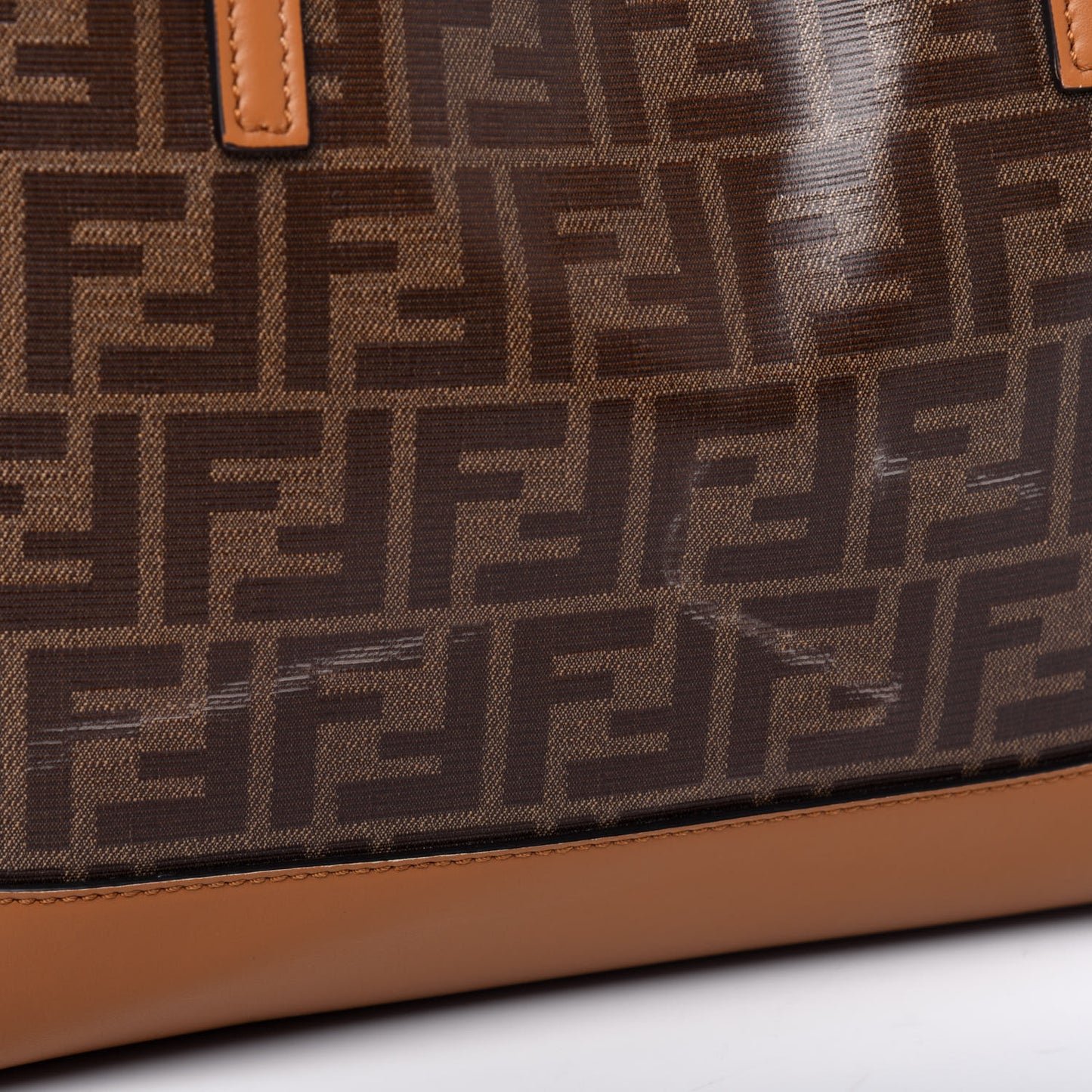 Glazed Fabric Vitello Century FF 1974 Stamp Patch Shopping Tote Mogano Panna Caramello