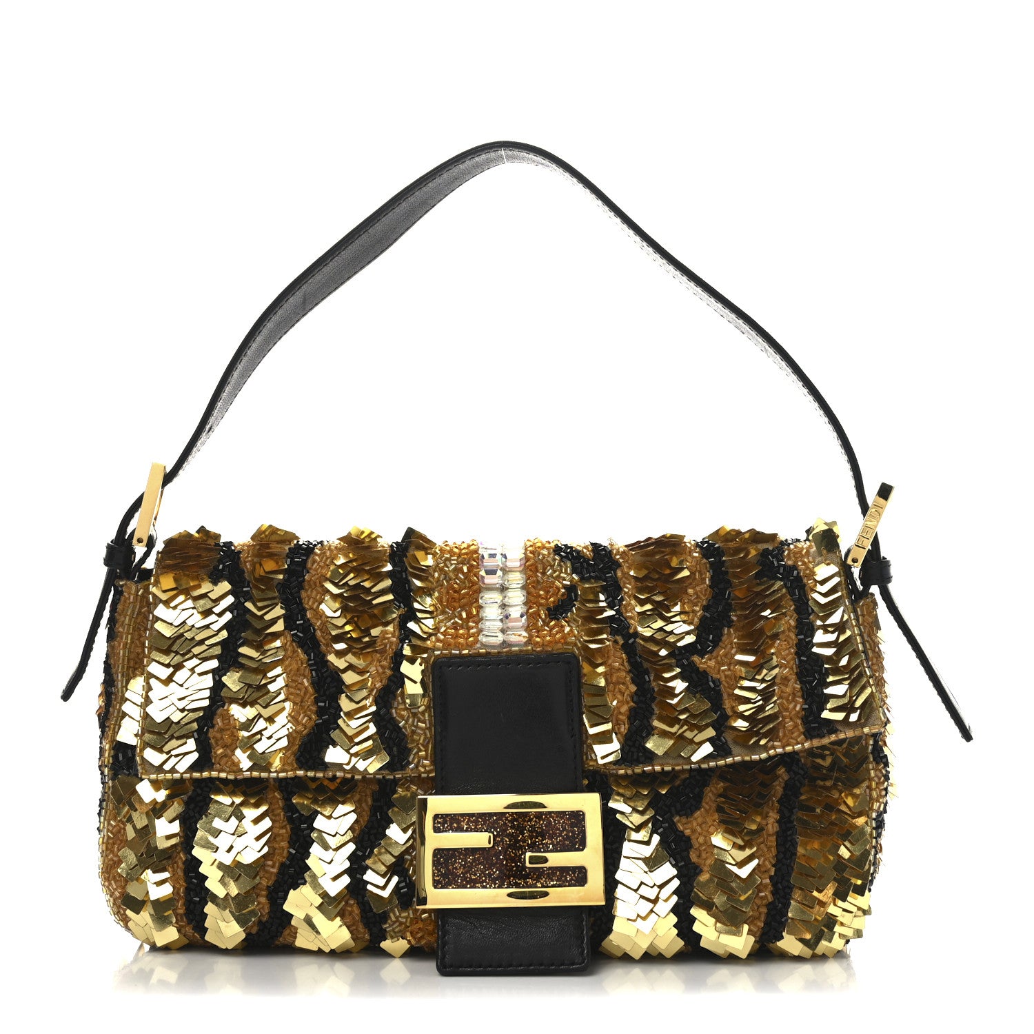 Fendi Sequin Beaded Baguette Gold Brown 1 of 10