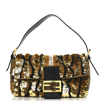 Fendi Sequin Beaded Baguette Gold Brown 1 of 10