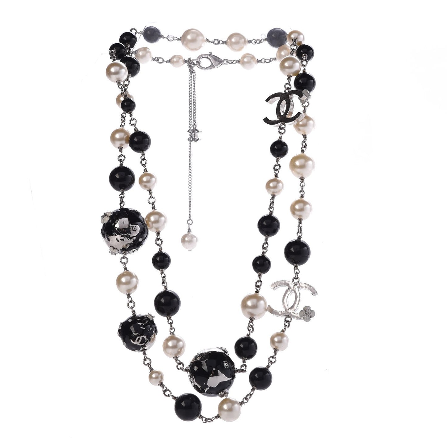 Beaded Globe Pearl CC Long Necklace Silver