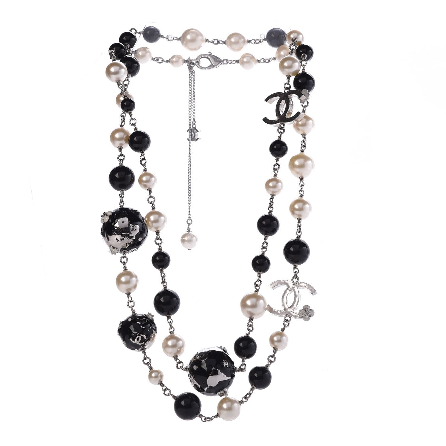 Chanel Beaded Globe Pearl CC Long Necklace Silver 3 of 7