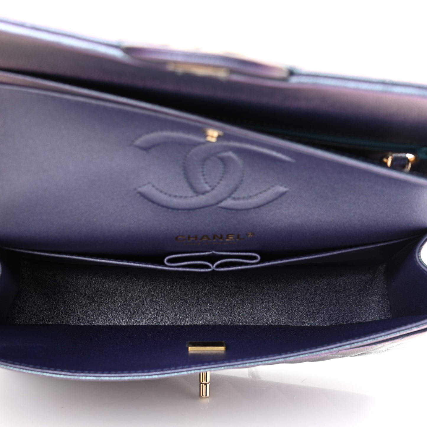 Iridescent Caviar Quilted Medium Double Flap Dark Blue