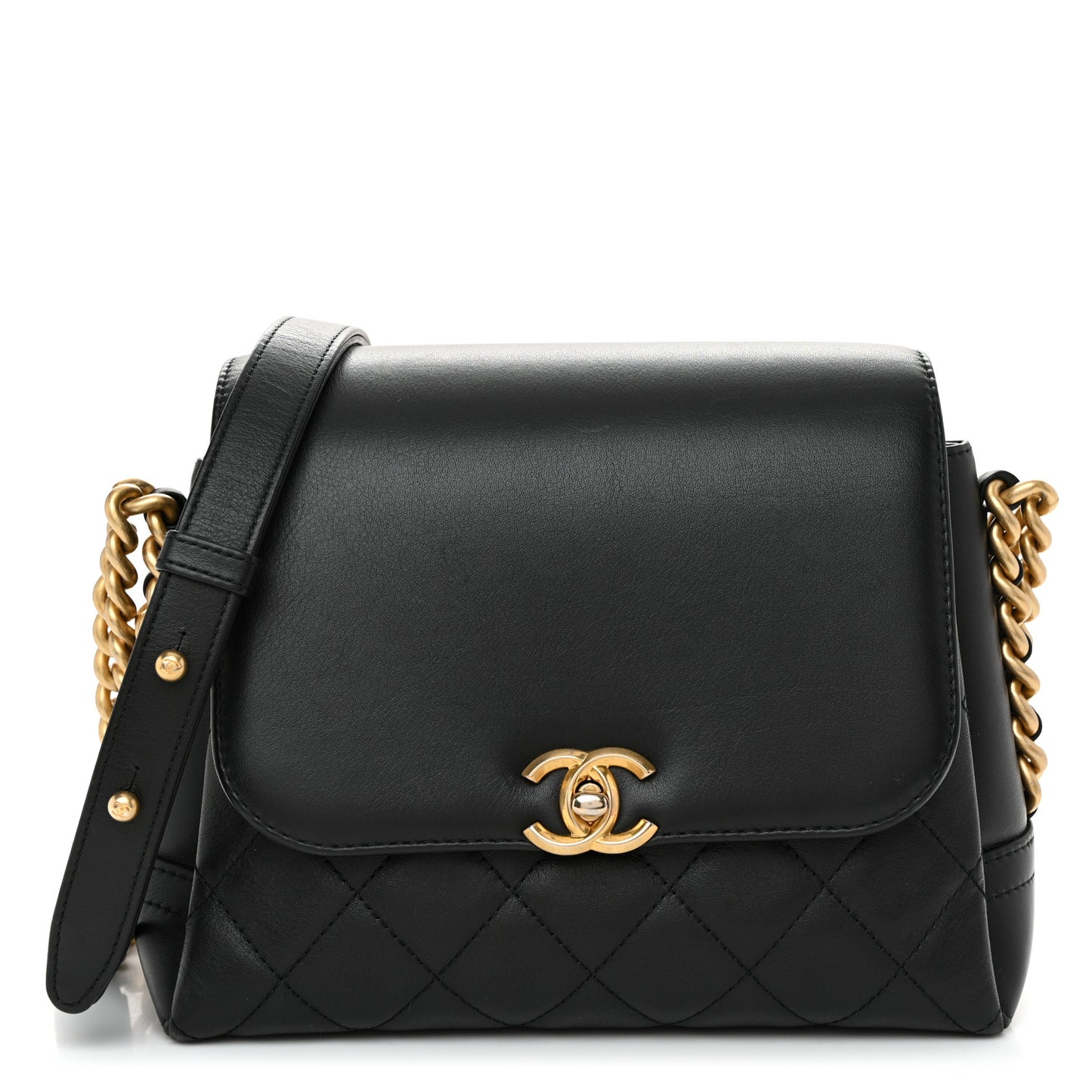Calfskin Quilted Side Chain Compartment Flap Black