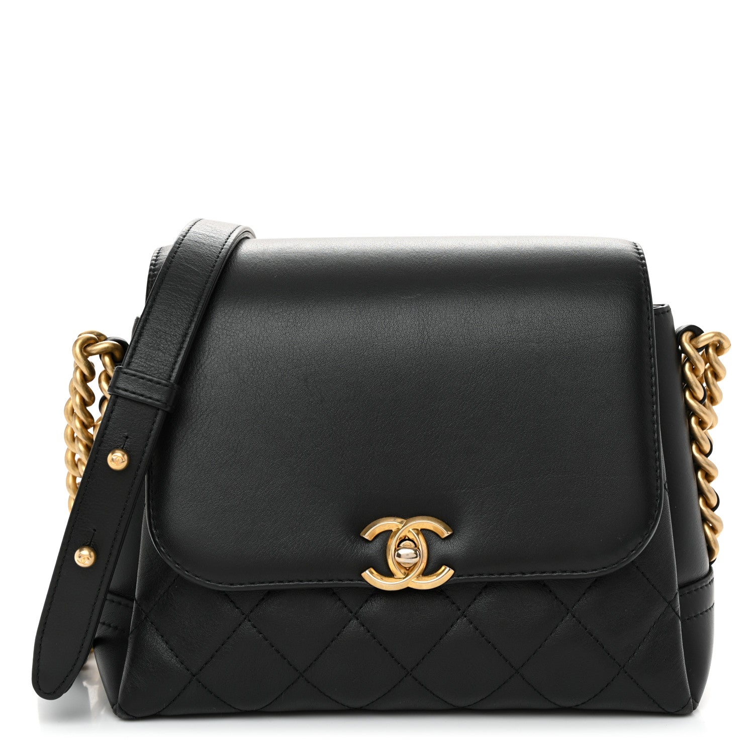 Chanel Calfskin Quilted Side Chain Compartment Flap Black 1 of 10
