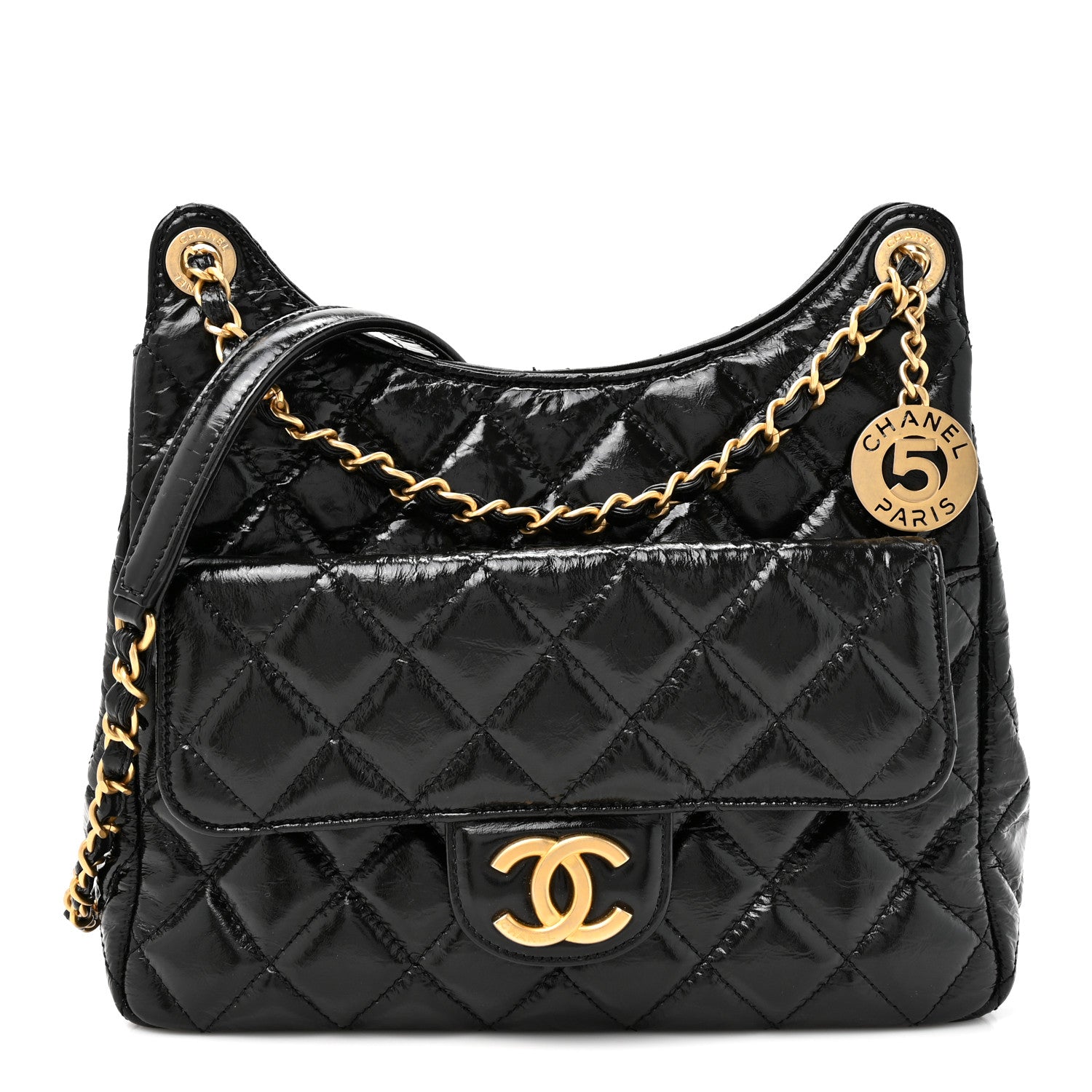 Chanel Shiny Crumpled Calfskin Quilted Wavy CC Hobo Black 1 of 10
