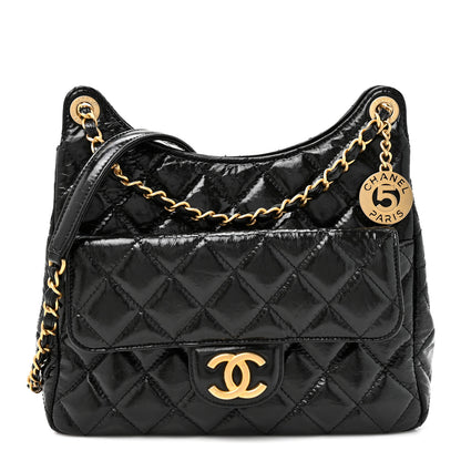 Chanel Shiny Crumpled Calfskin Quilted Wavy CC Hobo Black 1 of 10