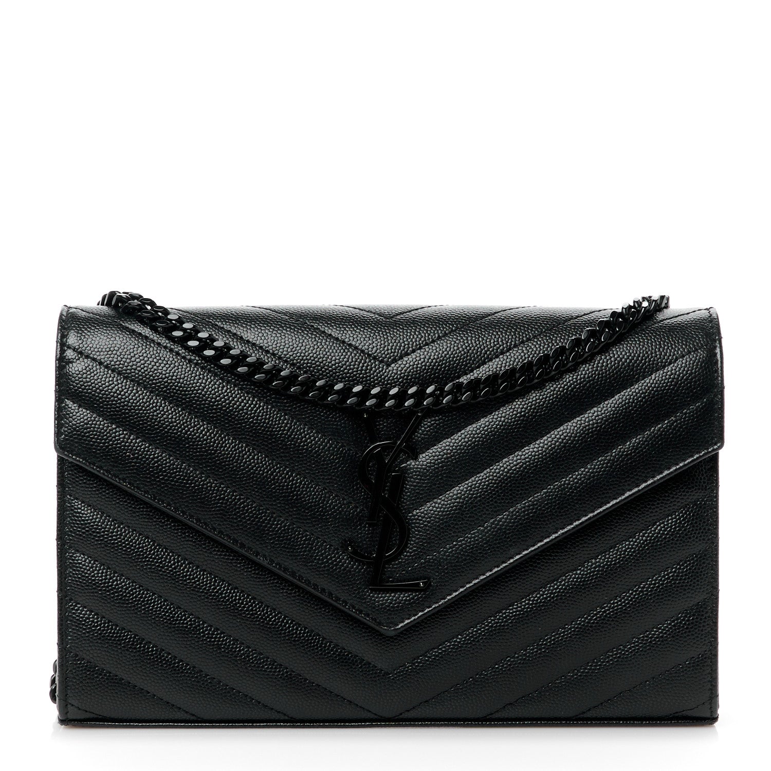 Saint Laurent Grain De Poudre Matelasse Chevron Monogram Monochrome Chain Wallet Black 1 of 15