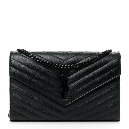 Saint Laurent Grain De Poudre Matelasse Chevron Monogram Monochrome Chain Wallet Black 1 of 15