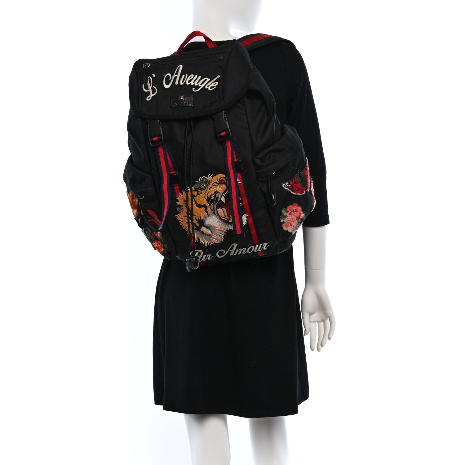 Gucci Techno Canvas Web L'Aveugle Par Amour Embroidered Double Buckle Backpack Black 2 of 11