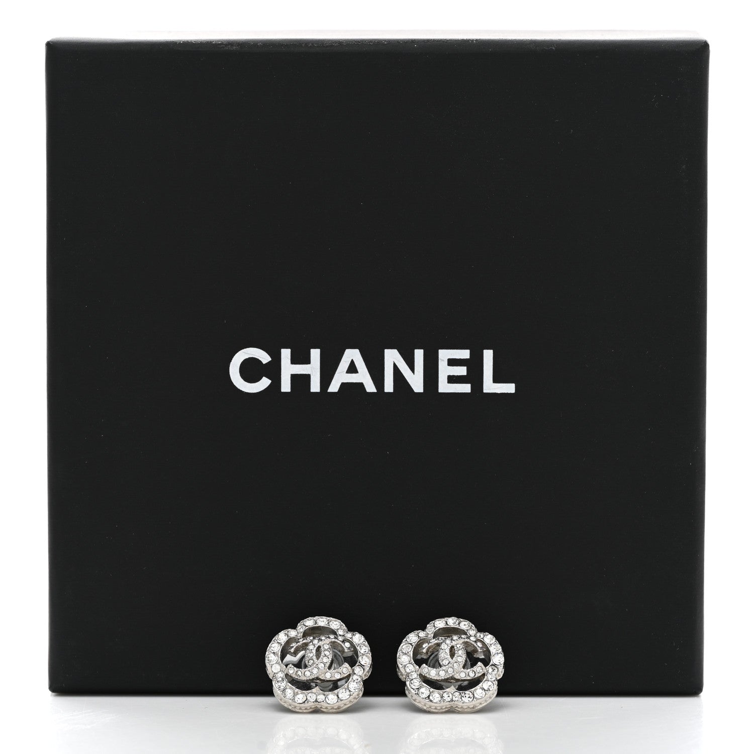 Chanel Crystal Coco Flapper Camellia CC Stud Earrings Silver 5 of 5