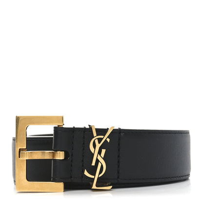 Saint Laurent Smooth Calfskin Monogram Square Buckle Belt 75 30 Black 1 of 5
