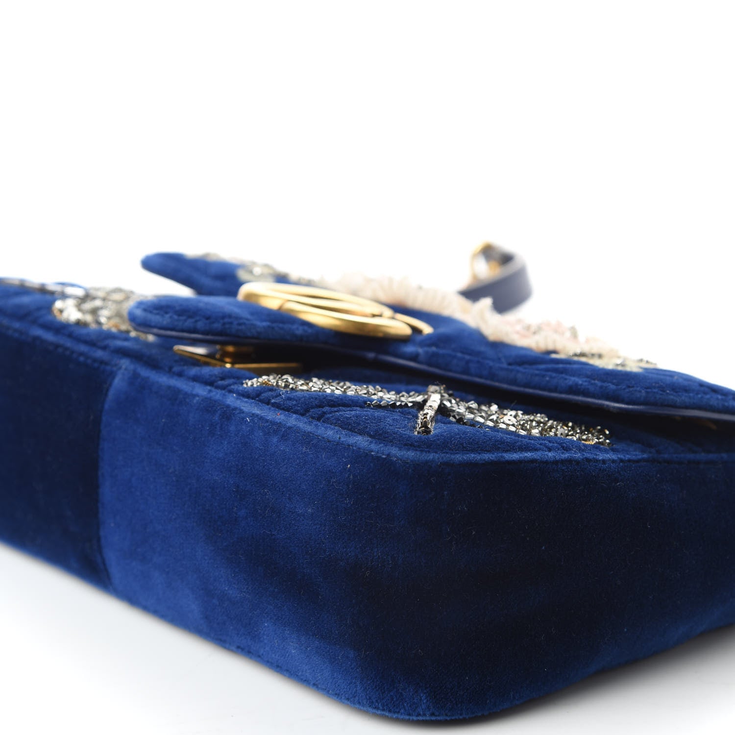 Gucci Velvet Matelasse Embroidered Mini GG Marmont Shoulder Bag Cobalt Blue 7 of 13