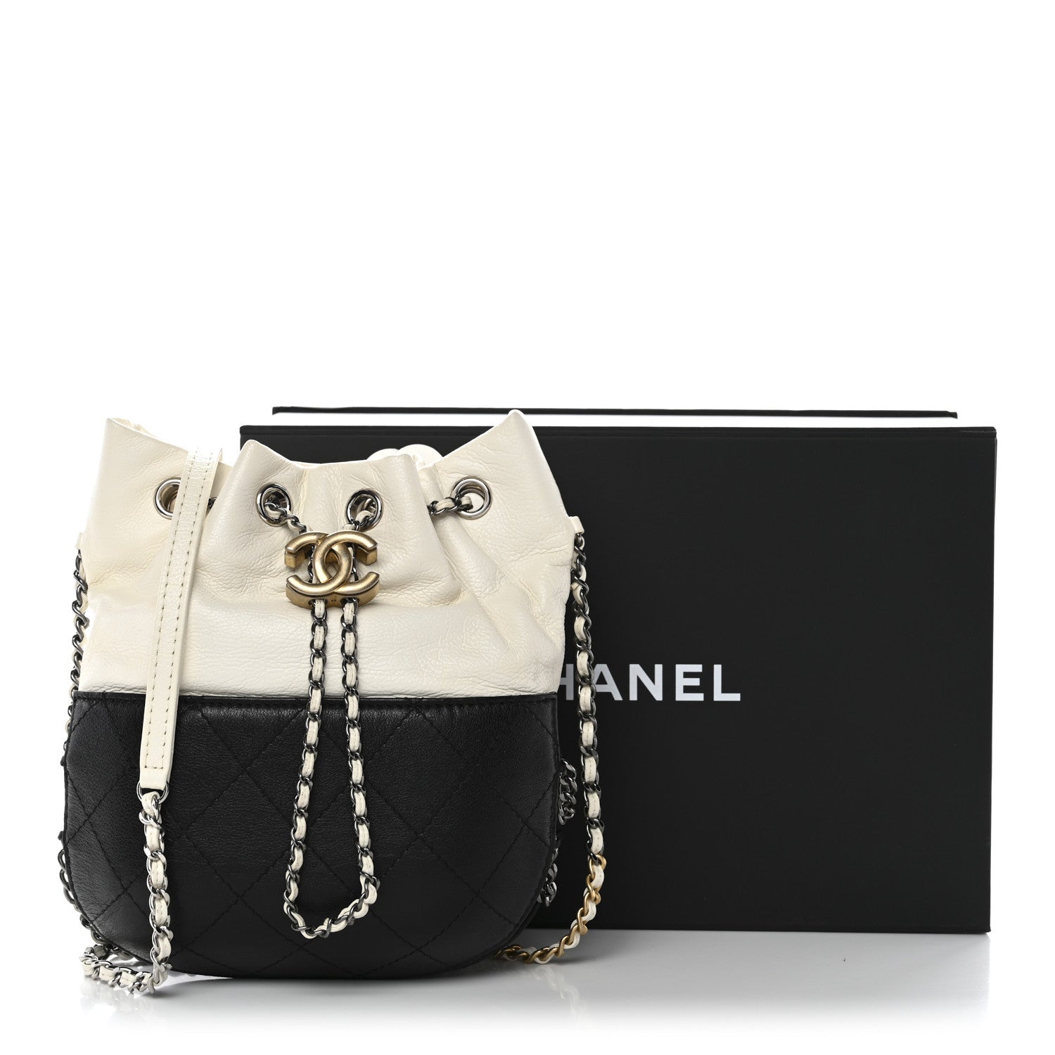 Chanel Aged Calfskin Quilted Small Gabrielle Bucket White Black 11 of 11