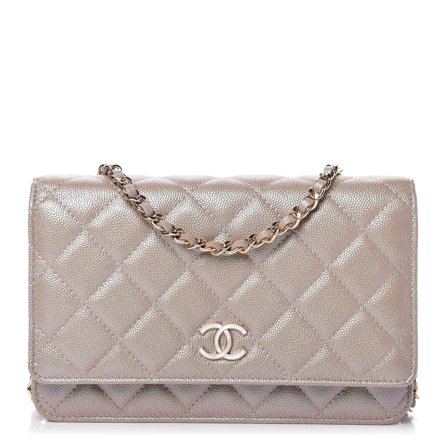 Iridescent Caviar Quilted Wallet On Chain WOC Beige