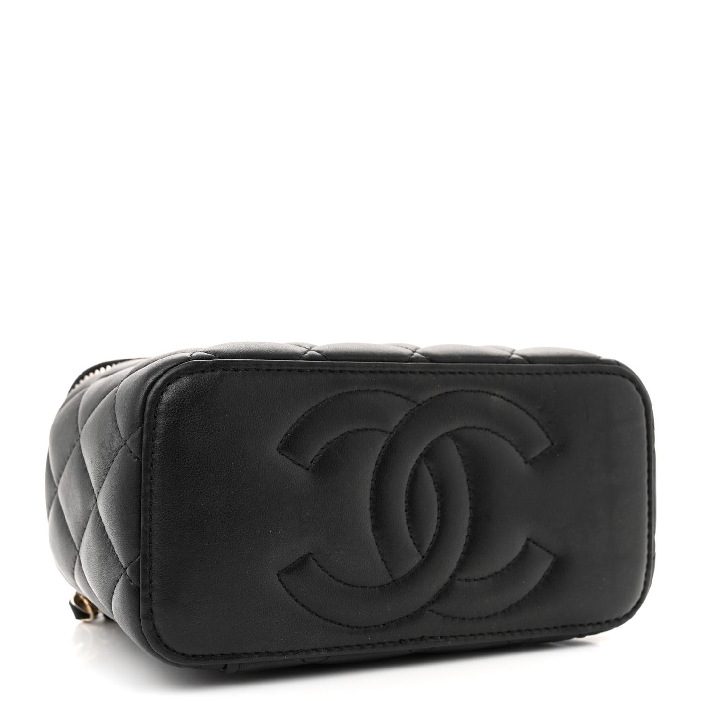 Lambskin Quilted Metal Small Top Handle Vanity Case With Chain Black