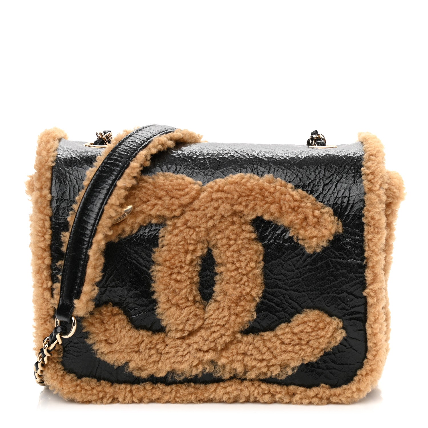 Chanel Shiny Crumpled Sheepskin Shearling CC Mania Flap Bag Black Beige 1 of 11