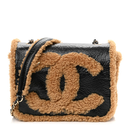 Chanel Shiny Crumpled Sheepskin Shearling CC Mania Flap Bag Black Beige 1 of 11