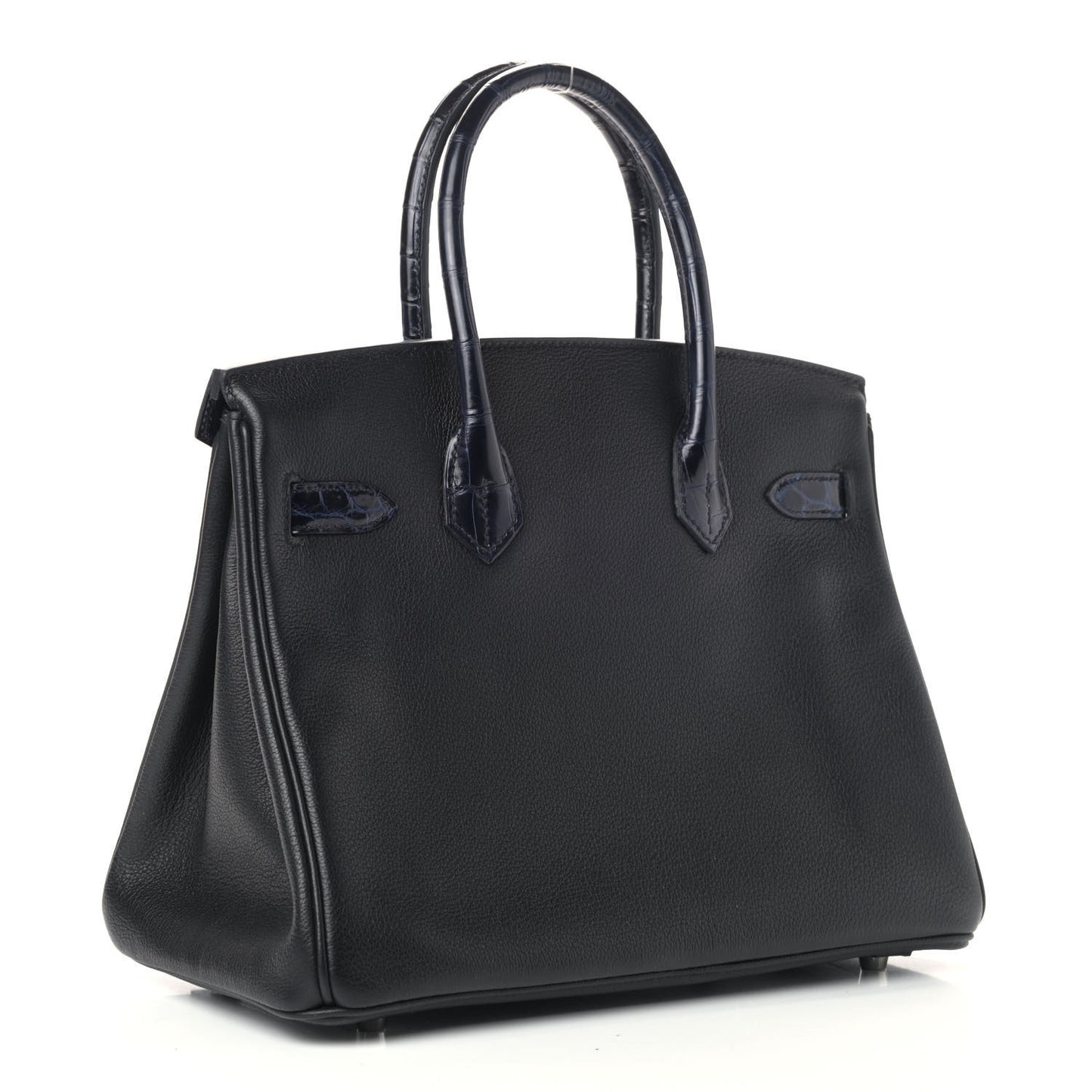 Taurillon Novillo Shiny Niloticus Crocodile Birkin Touch 30 Black Bleu Marine