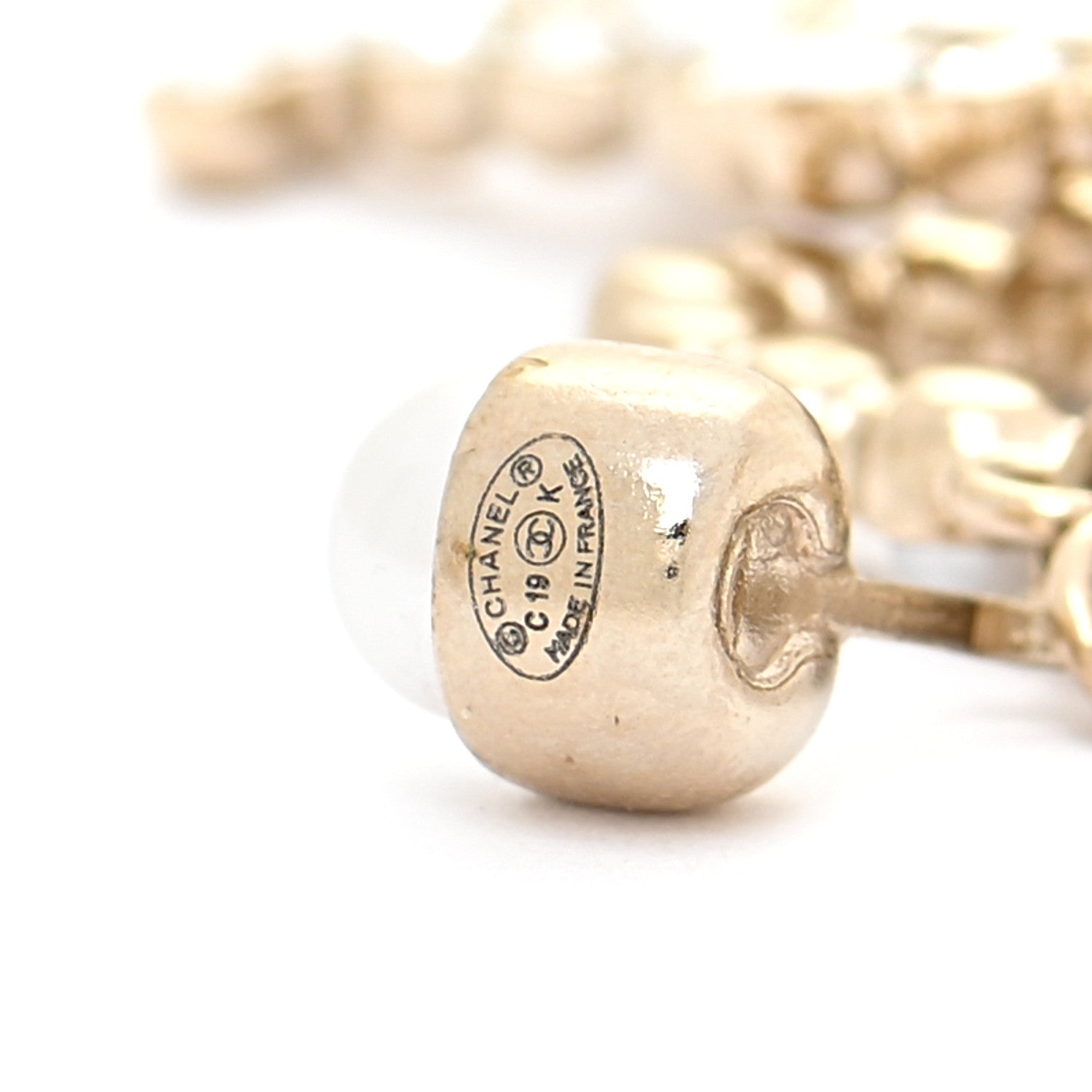 Chanel Crystal Pearl Drop Letter Earrings Gold 4 of 4