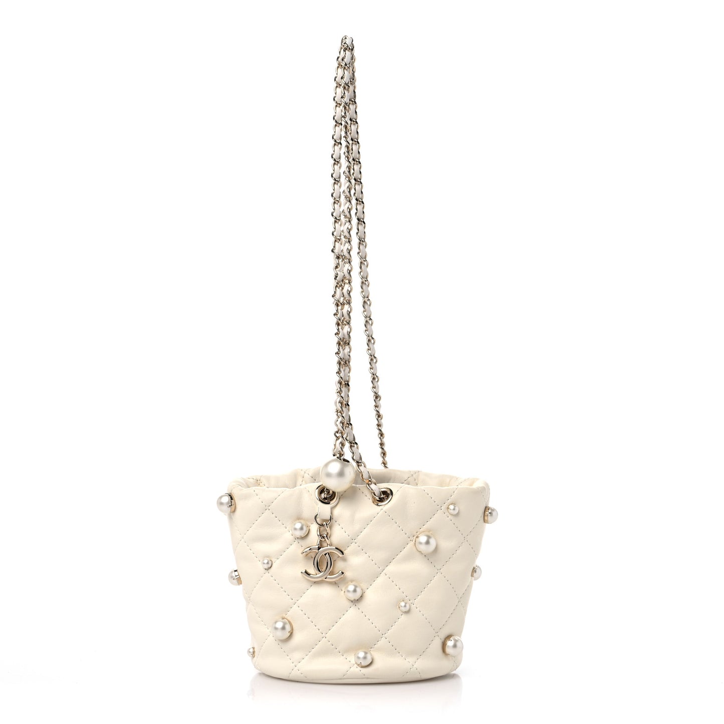 Lambskin Quilted Pearl Mini About Pearls Drawstring Bag White