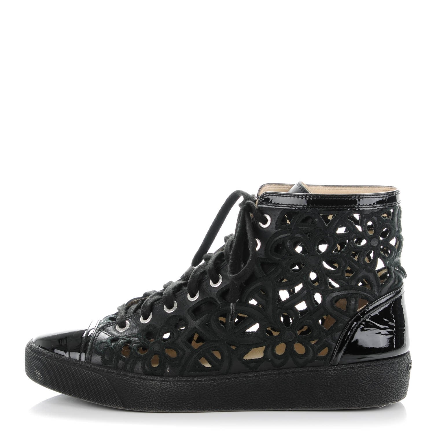 Chanel Patent Grained Goatskin Hollow Out Flower Sneakers 39 Black 1 of 7