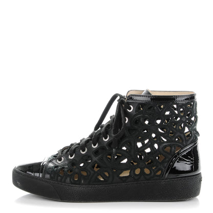 Chanel Patent Grained Goatskin Hollow Out Flower Sneakers 39 Black 1 of 7
