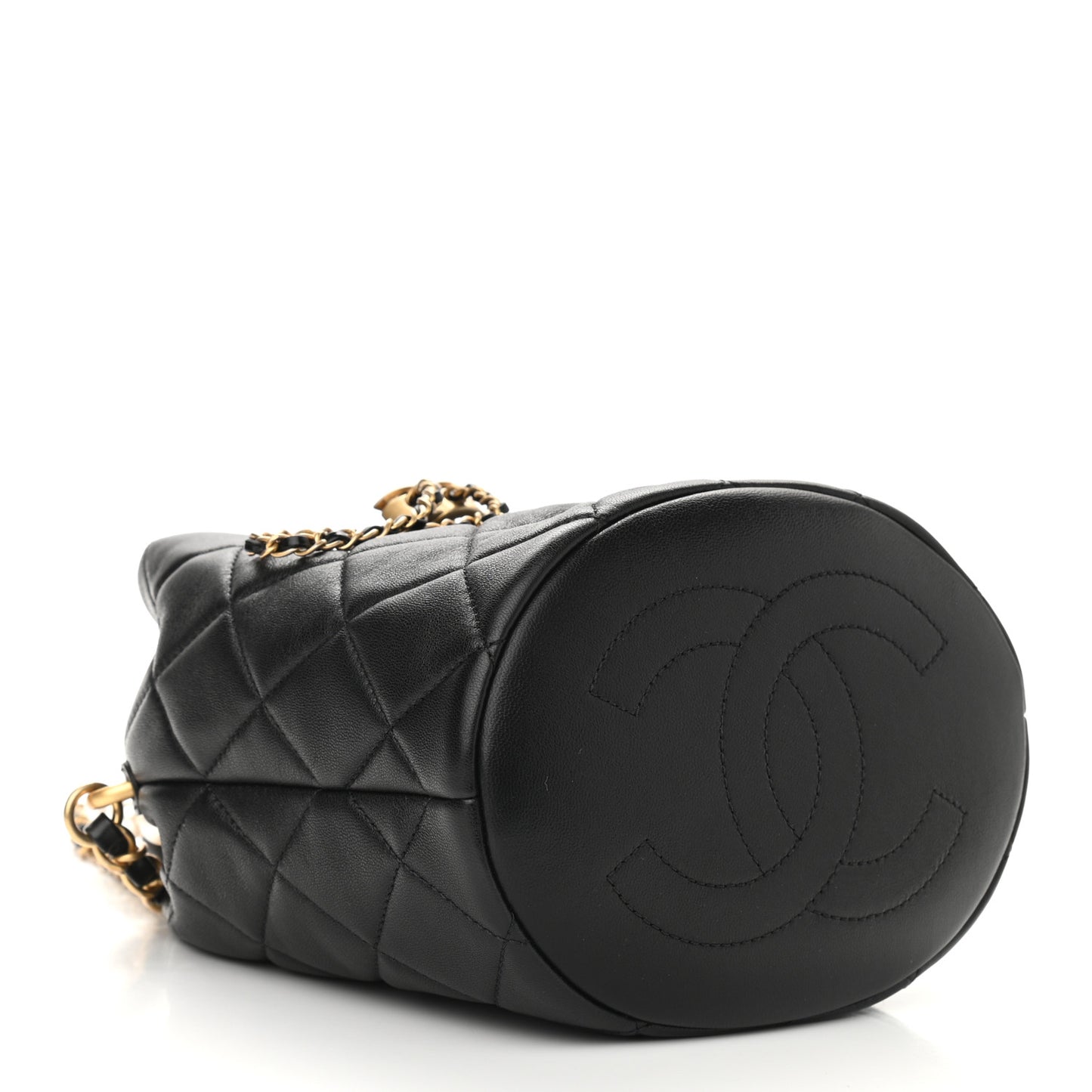 Lambskin Quilted Pearl Crown Drawstring Bag Black