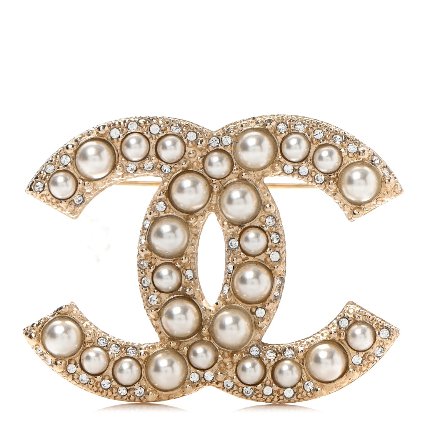 Pearl Crystal CC Brooch Gold