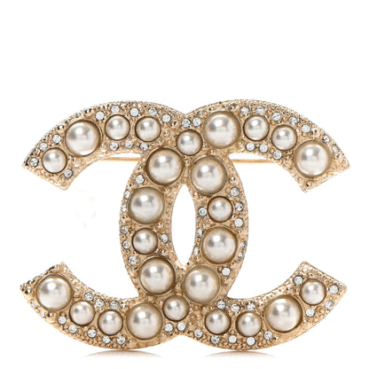Chanel Pearl Crystal CC Brooch Gold 1 of 6