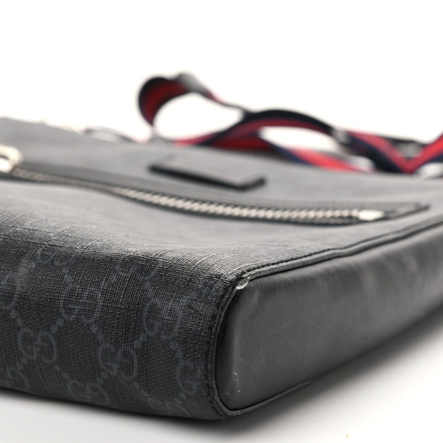GG Supreme Monogram Appia Calfskin Web Flat Messenger Bag Black Grey