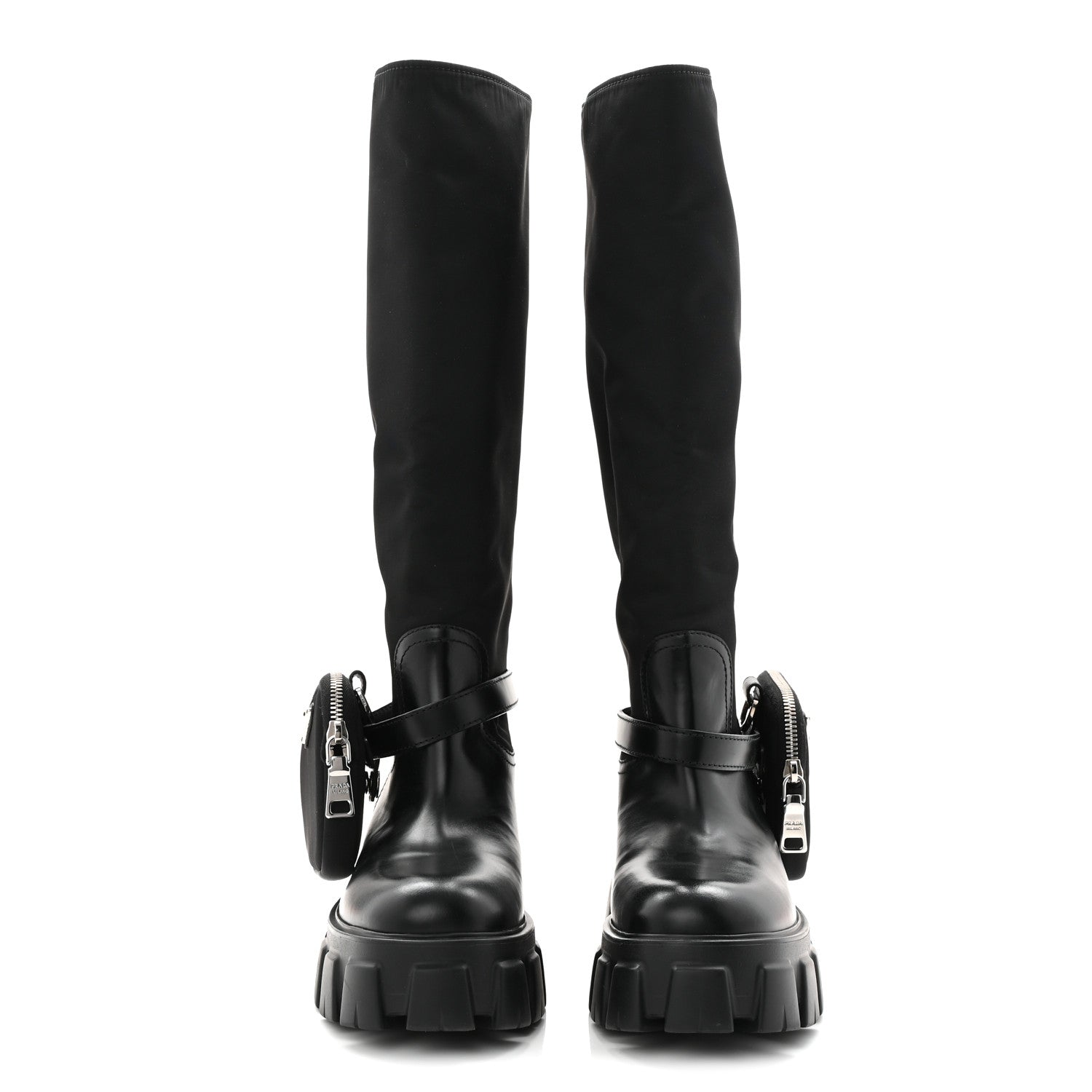 Prada Spazzolato Rois Re-Nylon Metal Triangle Logo Monolith Pouch Pocket 55mm Tall Boots 39 Black 2 of 8