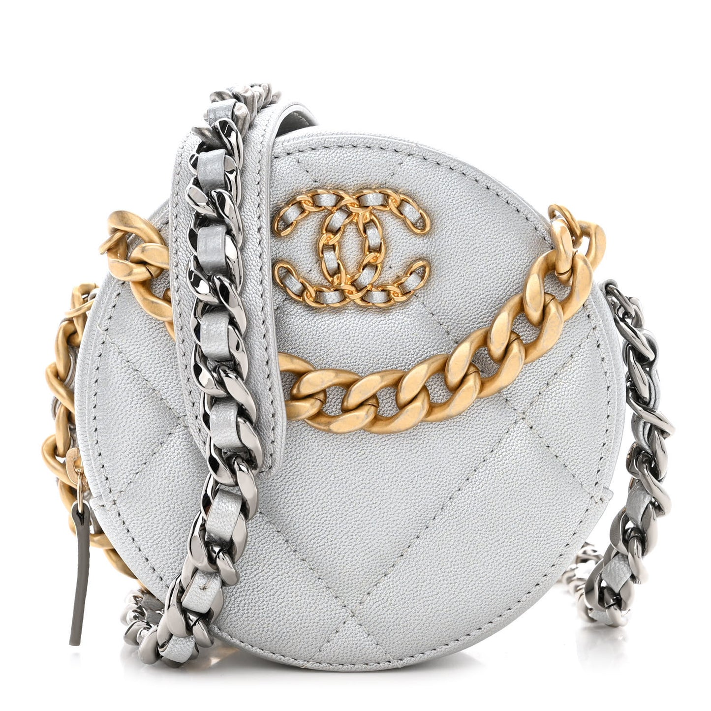 Metallic Lambskin Quilted Chanel 19 Round Clutch With Chain Silver