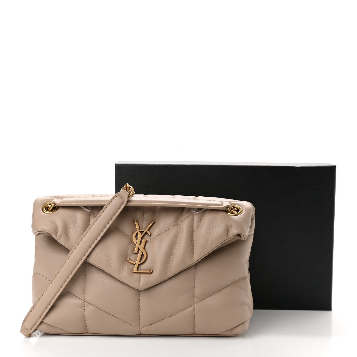 Saint Laurent Lambskin Quilted Small Loulou Puffer Monogram Chain Satchel Dark Beige 11 of 11