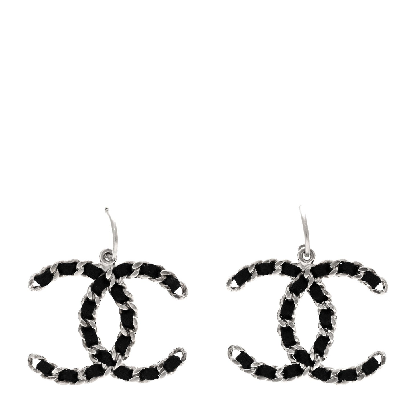 Lambskin CC Chain Drop Earrings Black Silver