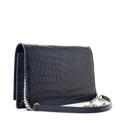 Saint Laurent Calfskin Crocodile Embossed Kate Monogram Tassel Chain Wallet Deep Marine 3 of 11