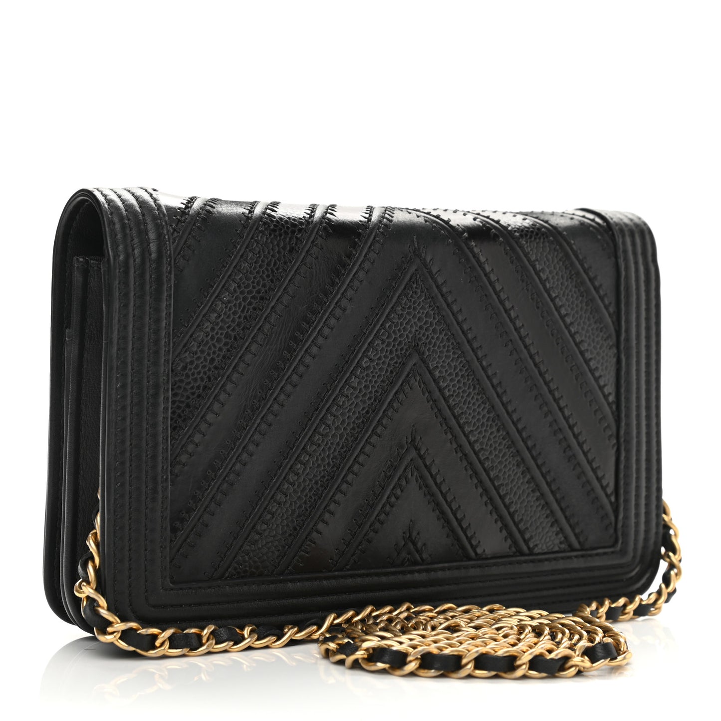 Calfskin Caviar Chevron Quilted Mixed Boy Wallet On Chain WOC Black