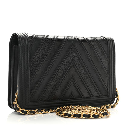Chanel Calfskin Caviar Chevron Quilted Mixed Boy Wallet On Chain WOC Black 2 of 12