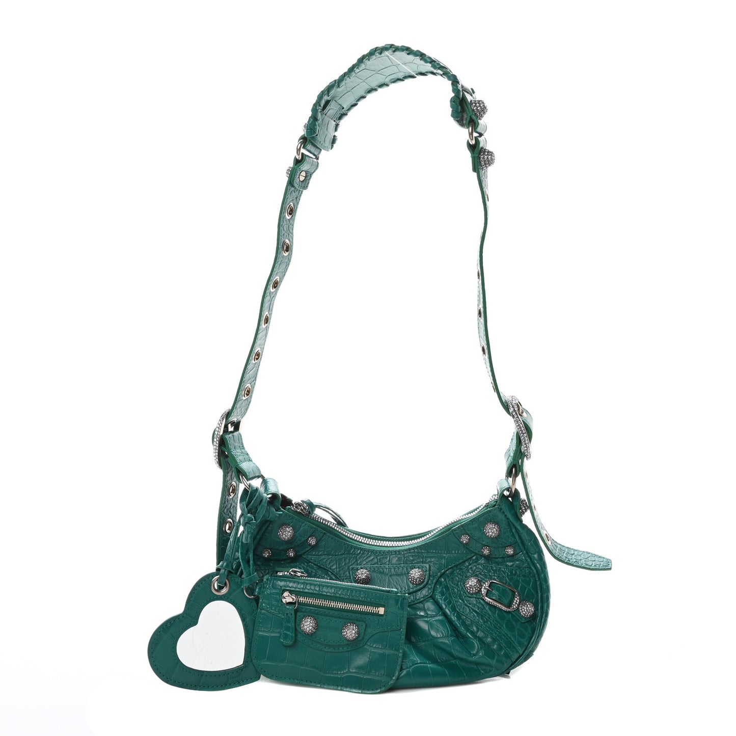 Extra Supple Calfskin Crystal Crocodile Embossed Le Cagole Shoulder Bag XS Jade