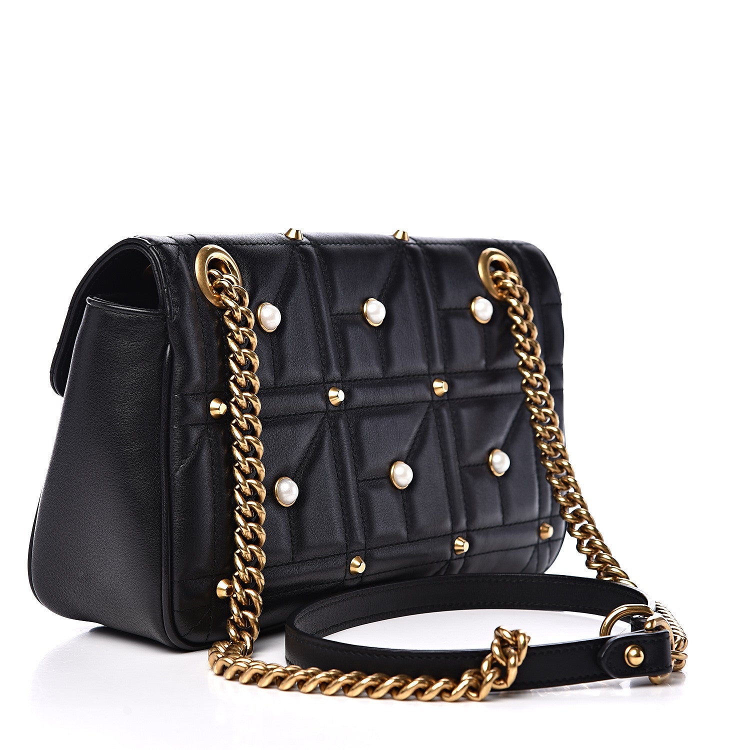 Gucci Calfskin Matelasse Studded Small Pearly GG Marmont Shoulder Bag Black 2 of 12
