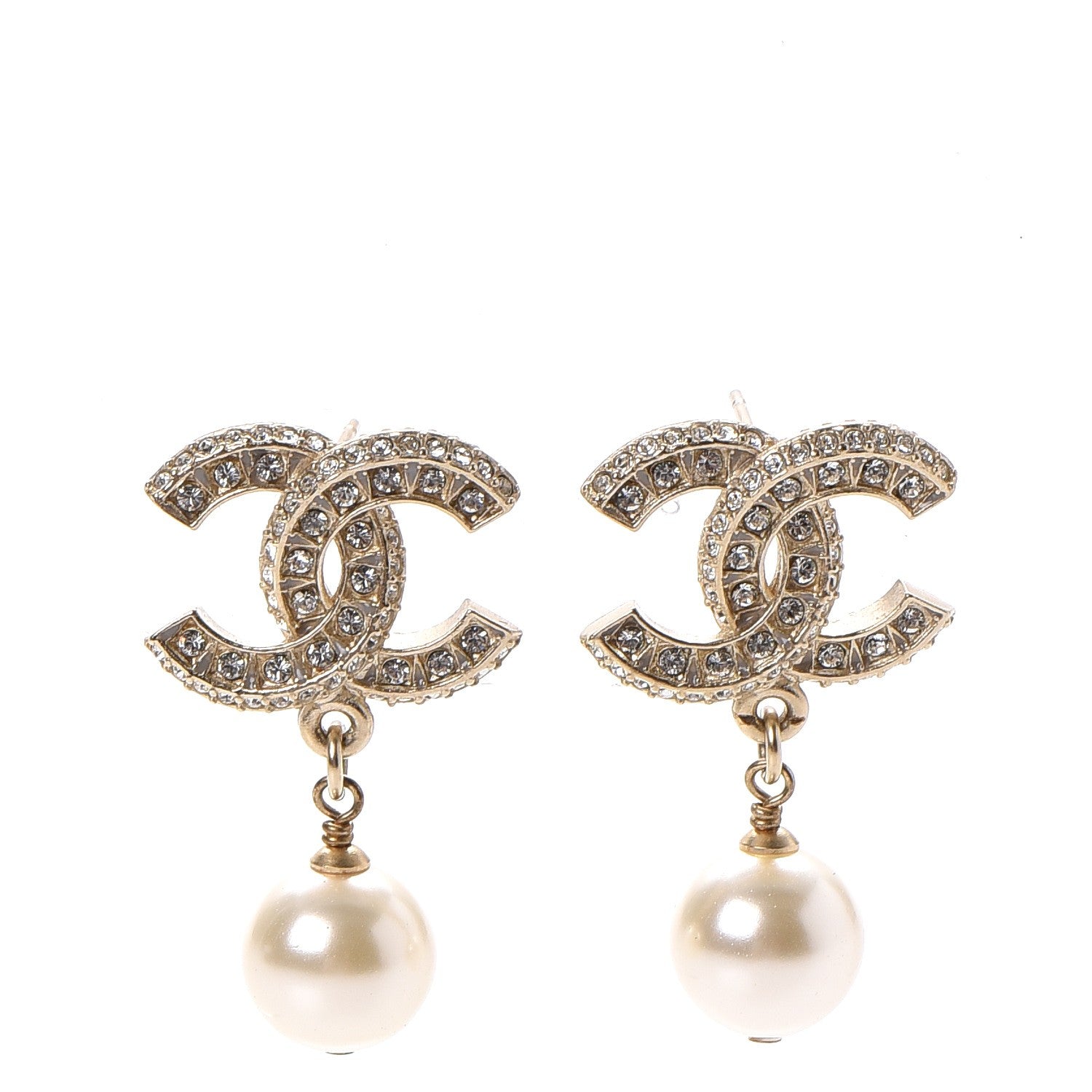 Chanel Crystal Pearl CC Drop Earrings Gold 1 of 6