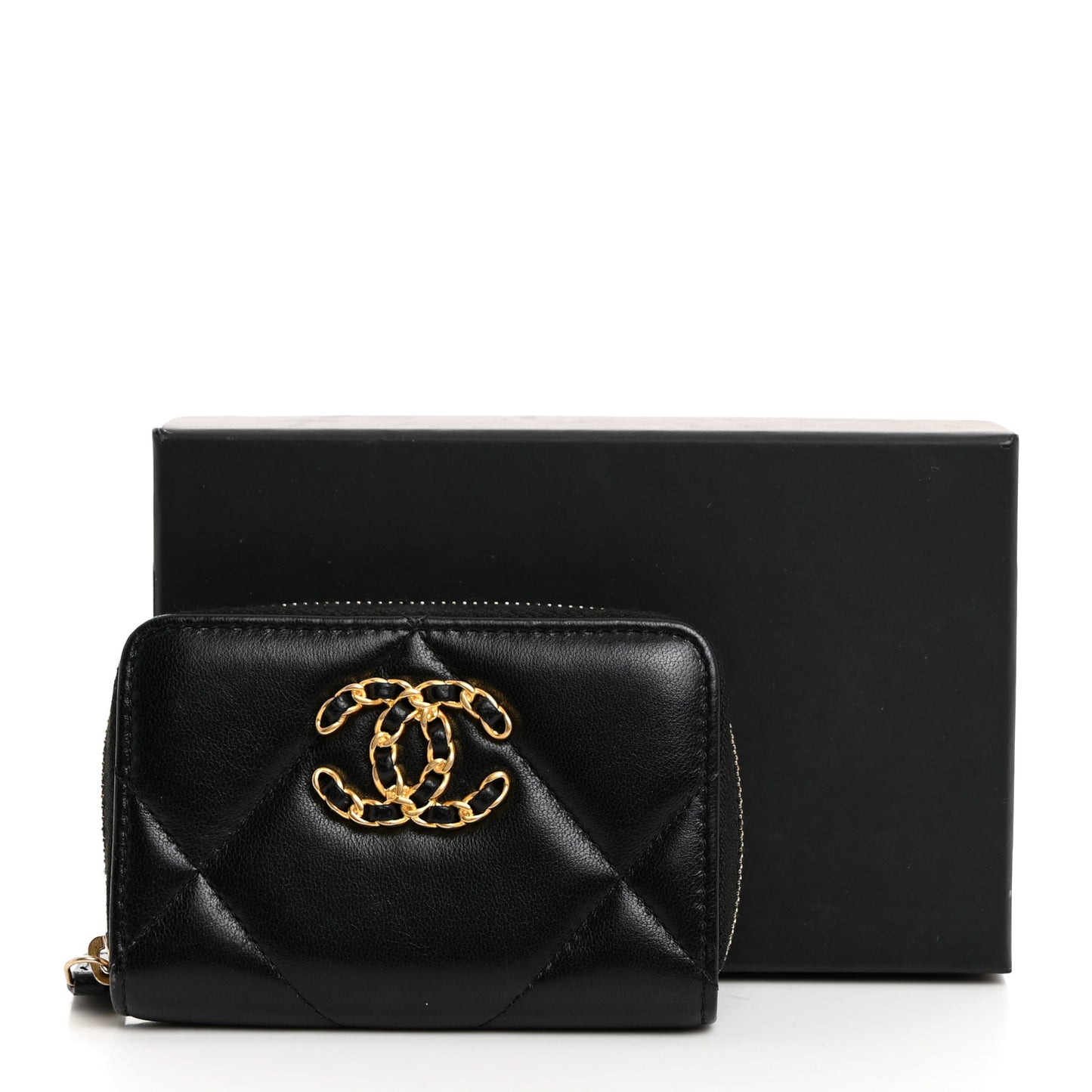Lambskin Quilted Chanel 19 Zip Around Coin Purse Wallet Black