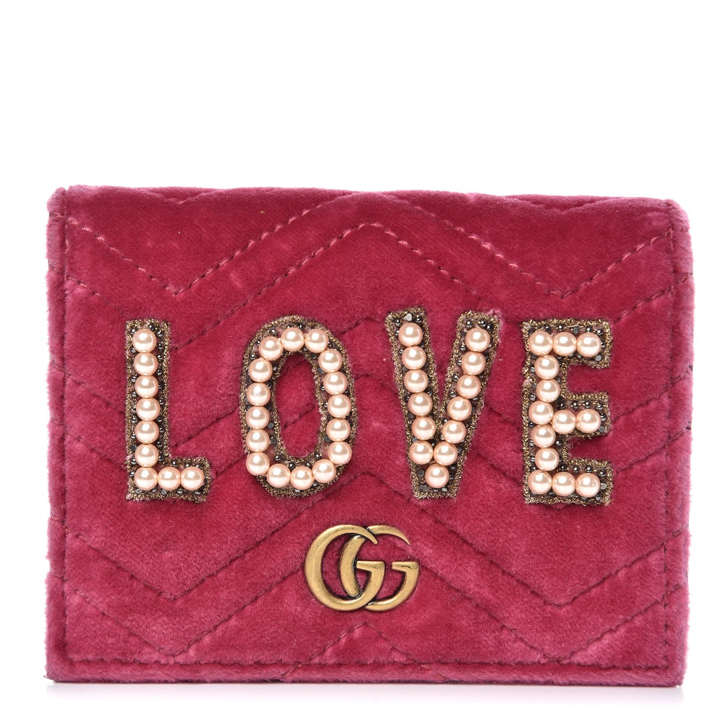 Velvet Matelasse Pearl Love Embroidered GG Marmont Card Case Wallet Light Raspberry Rose