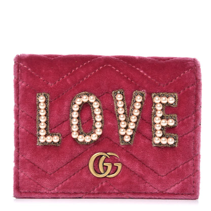 Gucci Velvet Matelasse Pearl Love Embroidered GG Marmont Card Case Wallet Light Raspberry Rose 1 of 9