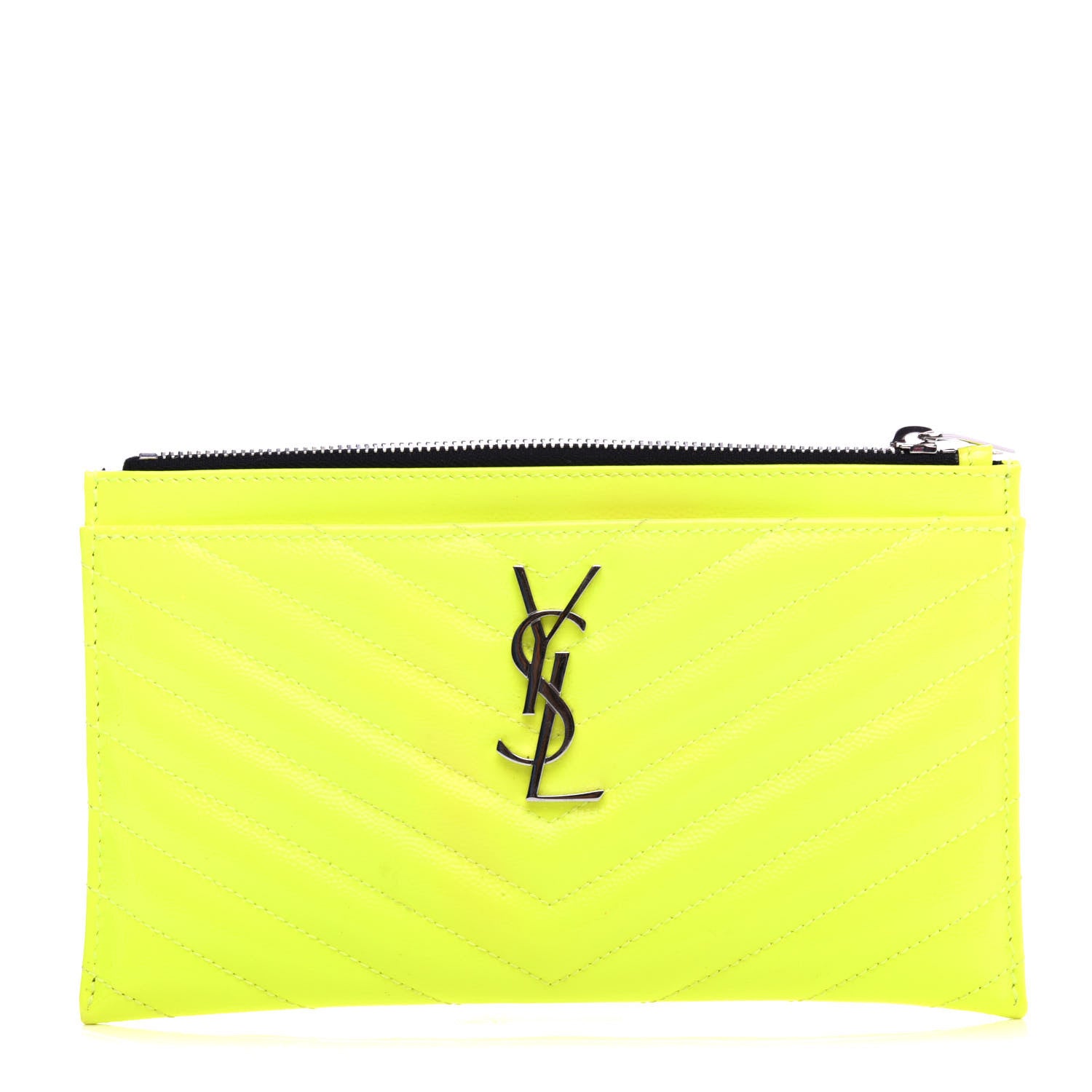 Saint Laurent Patent Grain De Poudre Matelasse Chevron Monogram Bill Pouch Neon Yellow 1 of 8