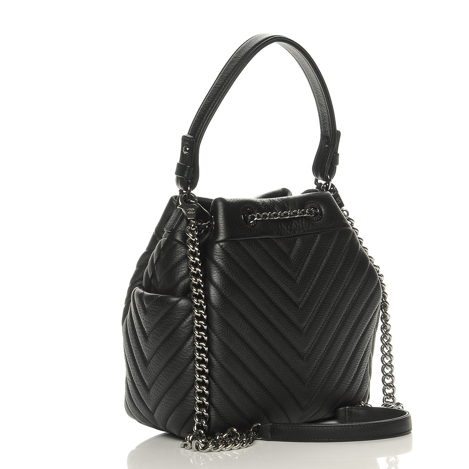 Chanel Deerskin Chevron Small Chain Bucket Bag Black 3 of 8